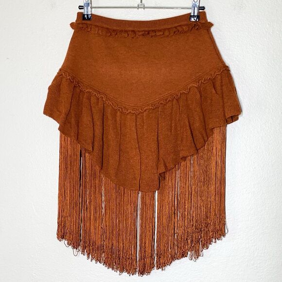 Understated Leather Cabaret Cowboy Knit Fringe Skirt XS S Tan Mini Free People